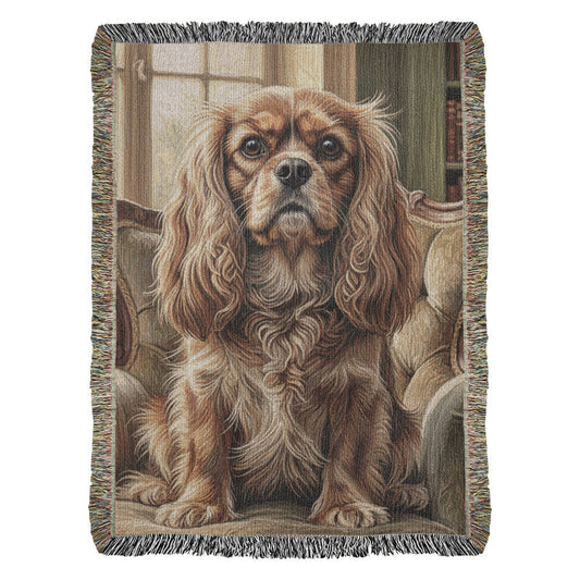 Cavalier in the Old Library – Woven Cotton Heritage Blanket Pet Lover Gifts