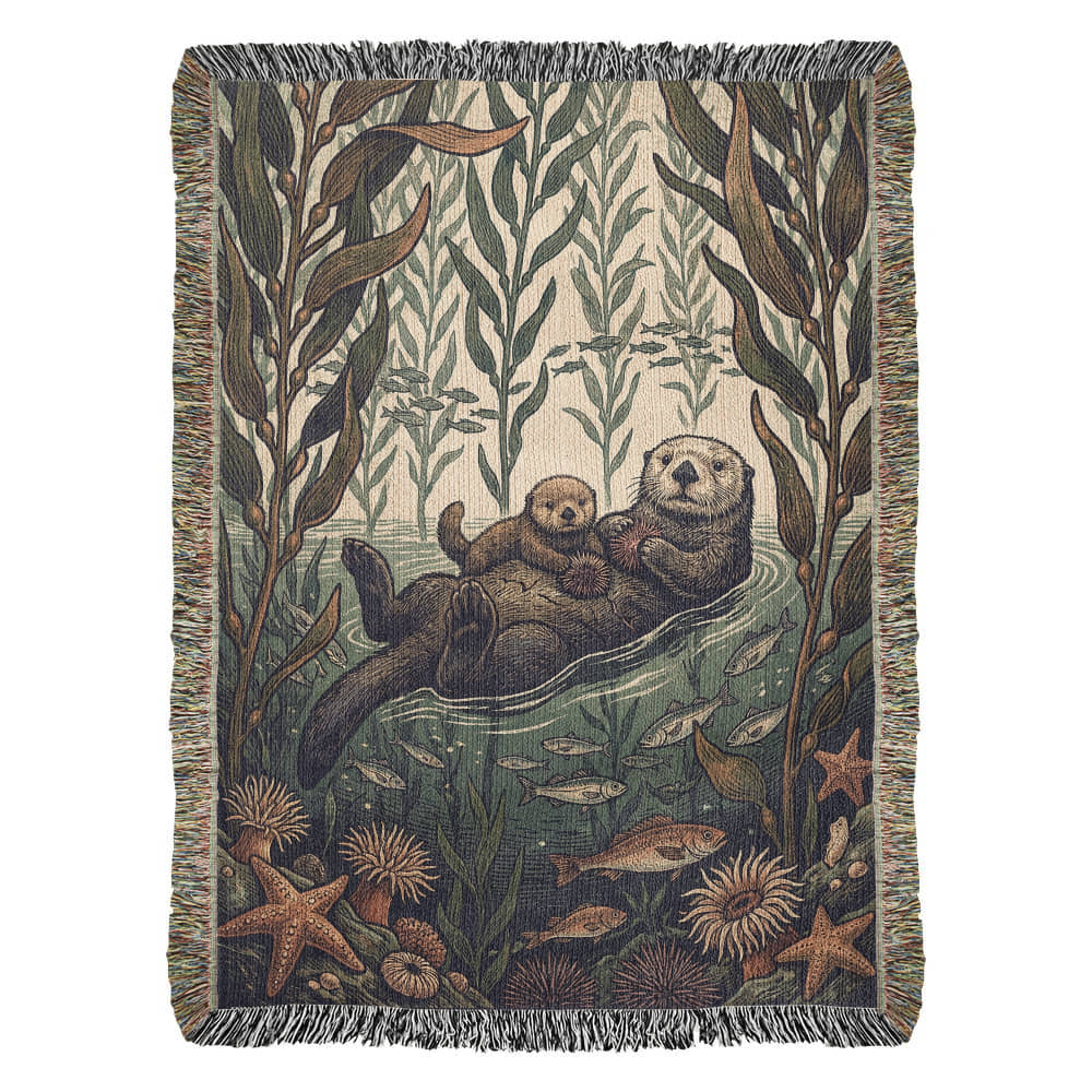Sea Otter & Kelp Forest Woven Tapestry Throw | Vintage Style Cotton Blanket