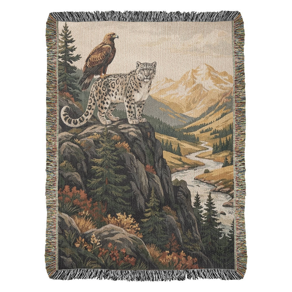 Snow Leopard & Golden Eagle Woven Cotton Blanket – Alpine Wildlife Throw Nature Lover Gifts