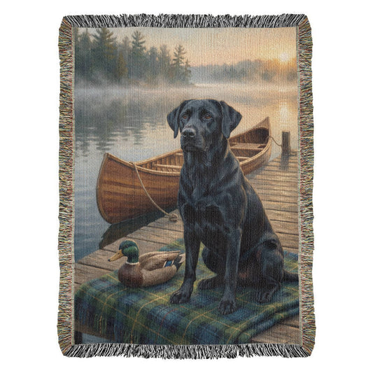 Black Lab by the Dock –  Labrador Retrievers Woven Cotton Heritage Blanket Pet Lovers Gift