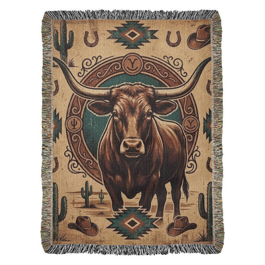 Longhorn Frontier Emblem – Woven Cotton Western Heritage Blanket Western Gifts