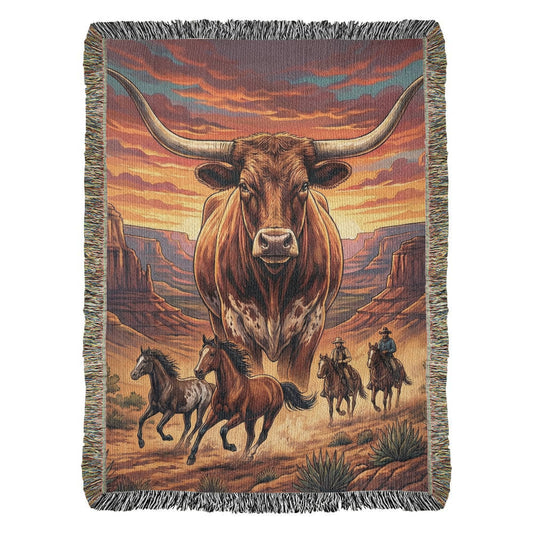 Majestic Longhorn Western Woven Blanket – Wild Horses & Cowboy Canyon Art Throw, Rustic Southwest Home Décor