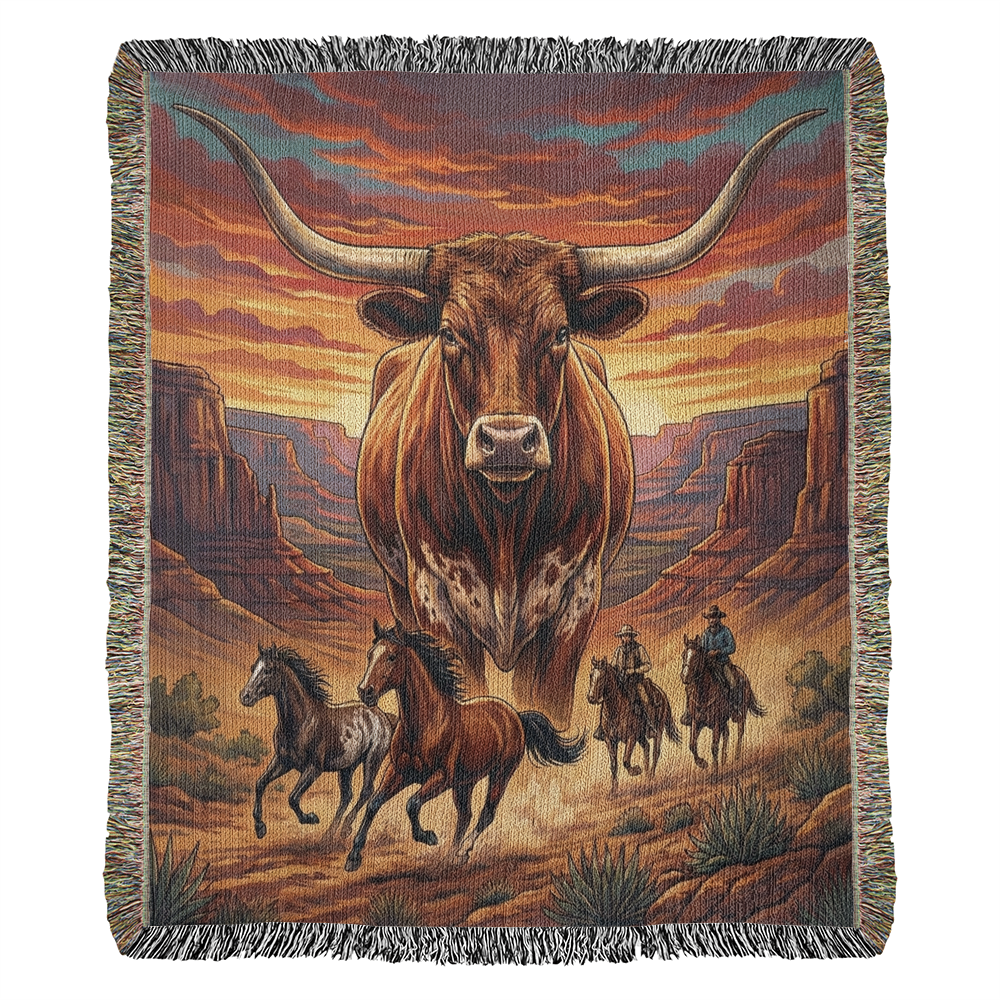 Majestic Longhorn Western Woven Blanket – Wild Horses & Cowboy Canyon Art Throw, Rustic Southwest Home Décor