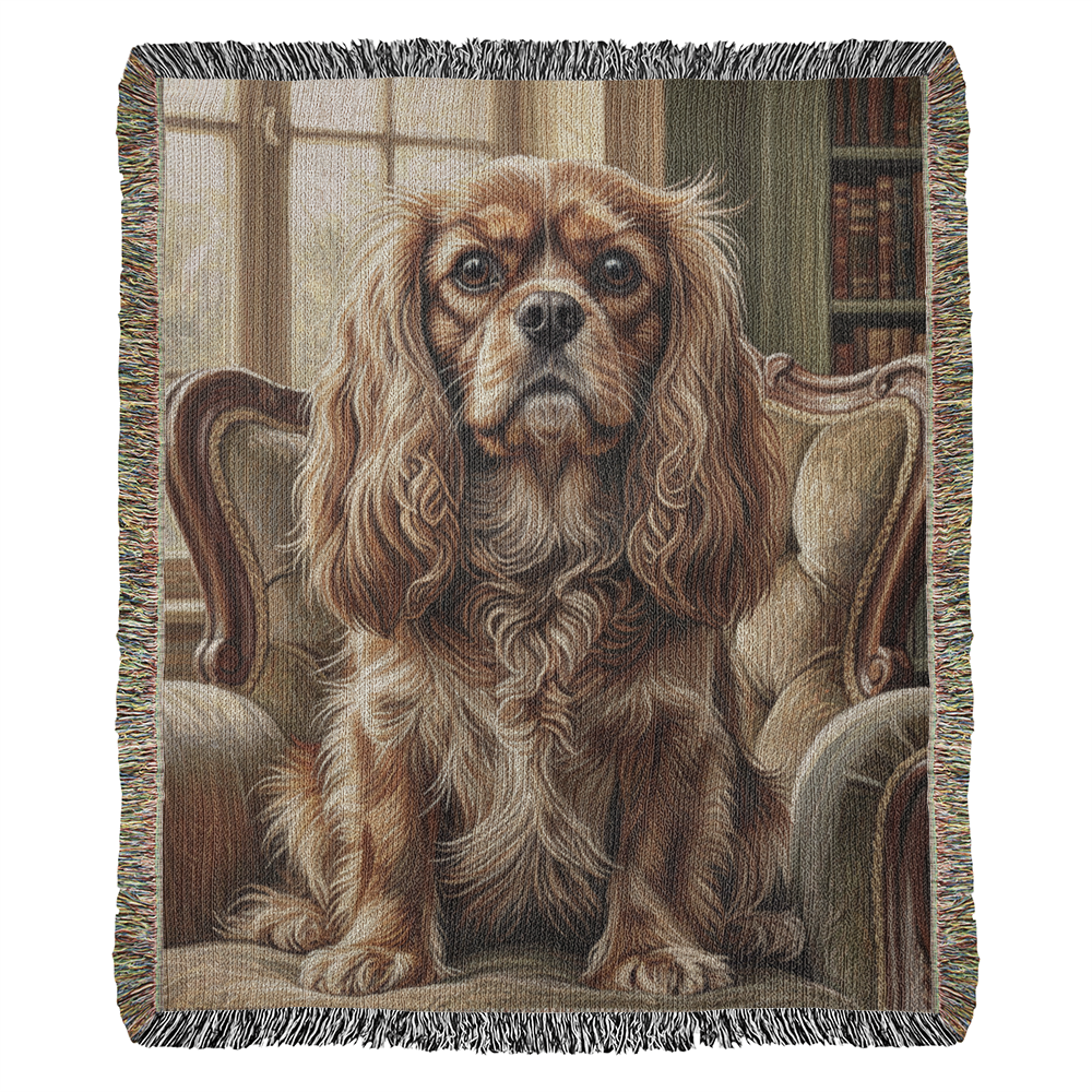 Cavalier in the Old Library – Woven Cotton Heritage Blanket Pet Lover Gifts