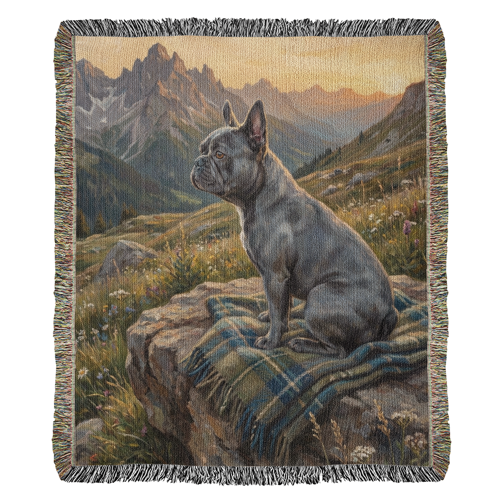 French Bulldog at Alpine Sunrise – Woven Cotton Mountain Blanket Pet Lover Gift