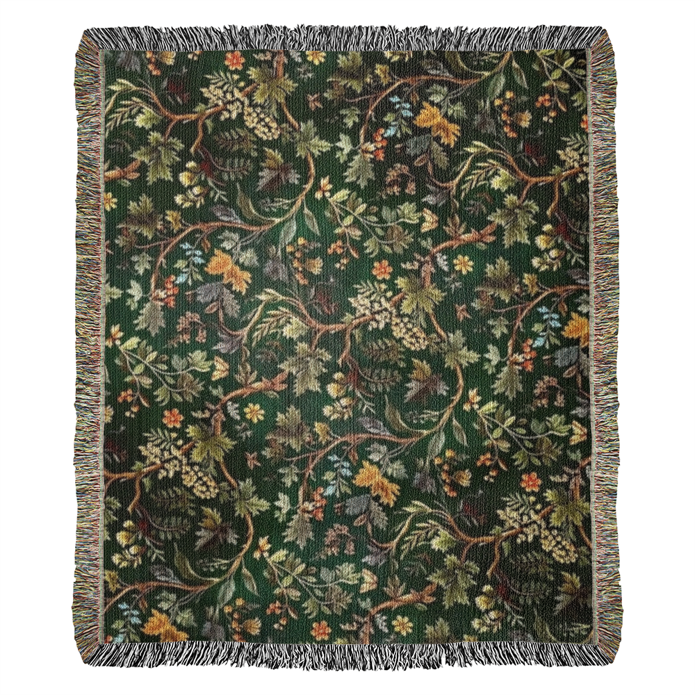 Forest Woodland Woven Throw Blanket – Botanical Cotton Tapestry with Fringe | Trini Skies