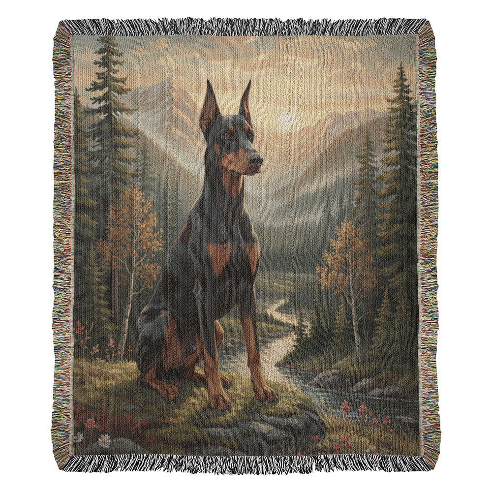 Doberman in the Mountain Valley – Woven Cotton Protector's Blanket Pet Lover Gifts