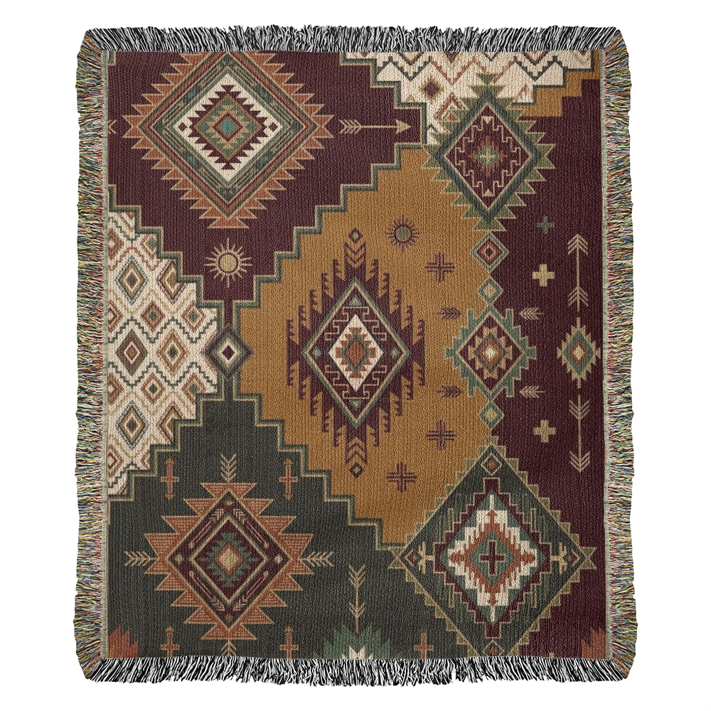 The Canyon Patchwork Woven Throw | Southwestern Kilim Geometric Blanket | Mustard, Rust & Olive | Boho Home Decor