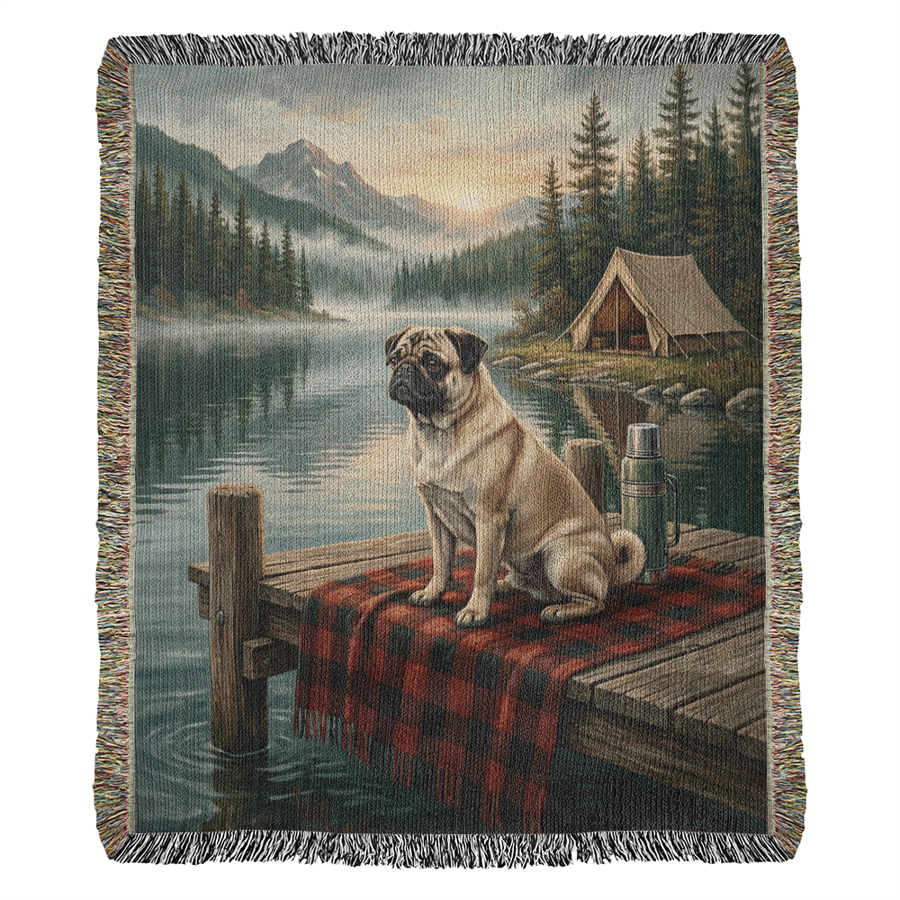 Cabin Lake Pug Woven Cotton Blanket – Vintage Campfire Dog Tapestry Throw Gift