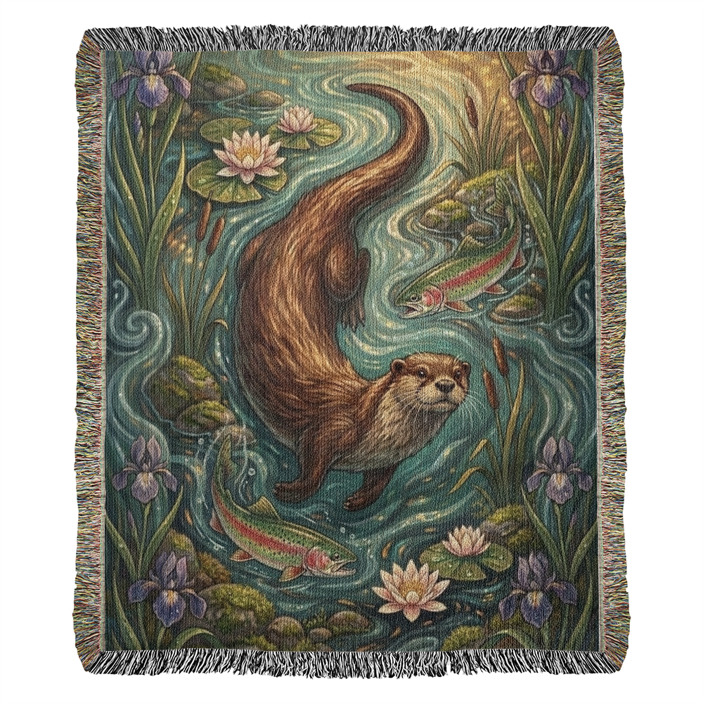 The Riverbank Guardian Woven Throw | Art Nouveau Otter & Trout Tapestry Blanket