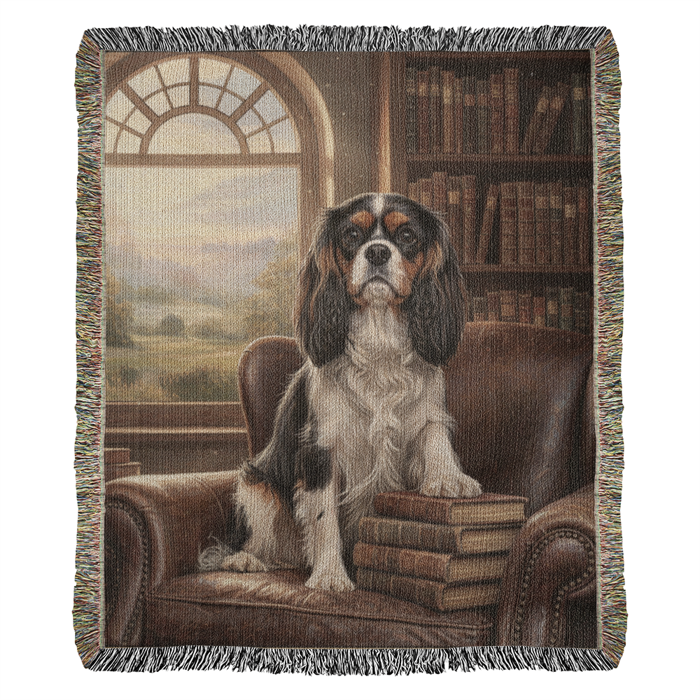 Cavalier in the Green Library Chair – Woven Cotton Heritage Blanket Pet Lovers Gift