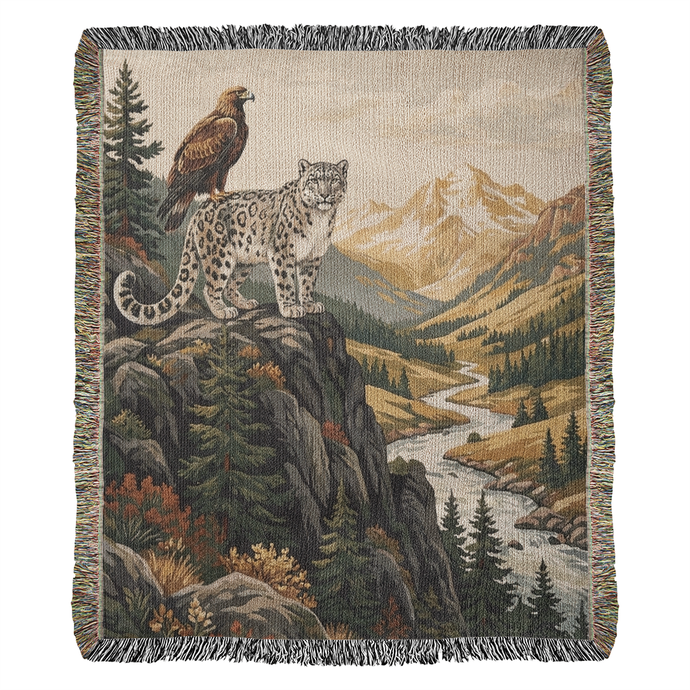 Snow Leopard & Golden Eagle Woven Cotton Blanket – Alpine Wildlife Throw Nature Lover Gifts