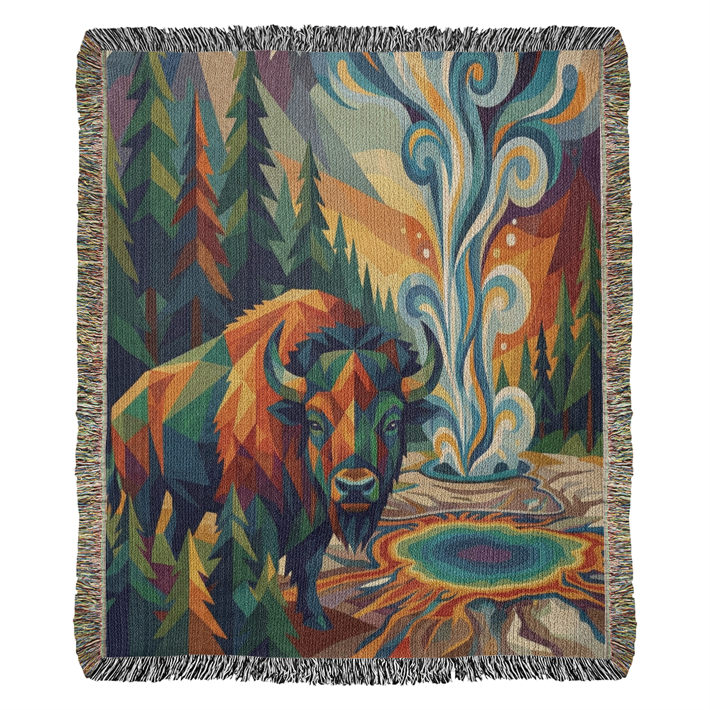 Yellowstone Bison – Geometric Woven Cotton Blanket Wildlife and Nature Gift
