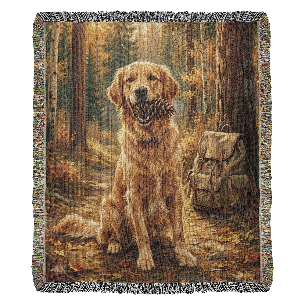 Golden Retriever in Autumn Woods – Woven Cotton Adventure Blanket Pet Lover Gifts