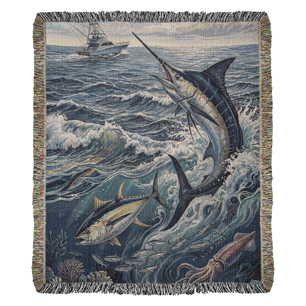 Marlin & Tuna Woven Cotton Blanket – Ocean Wildlife Throw Fishing Gift