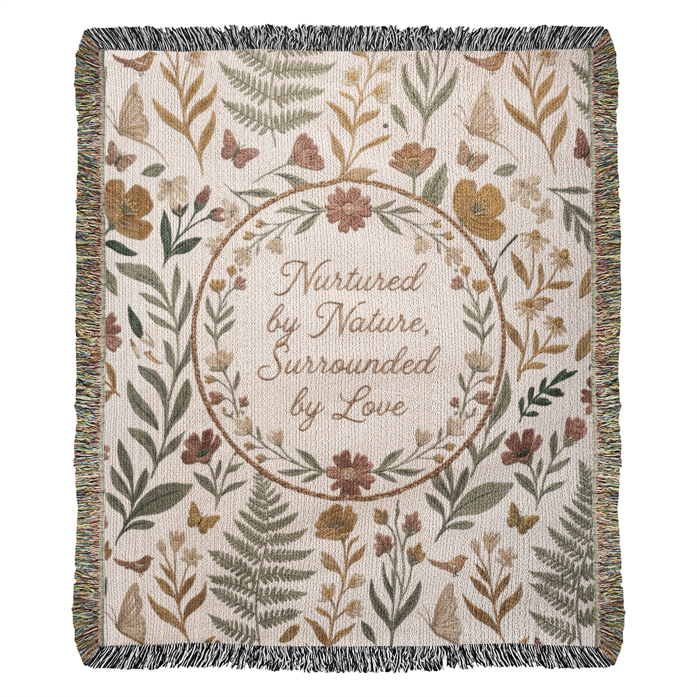 Botanical Wreath Woven Cotton Blanket – “Nurtured by Nature” Floral Throw Gift