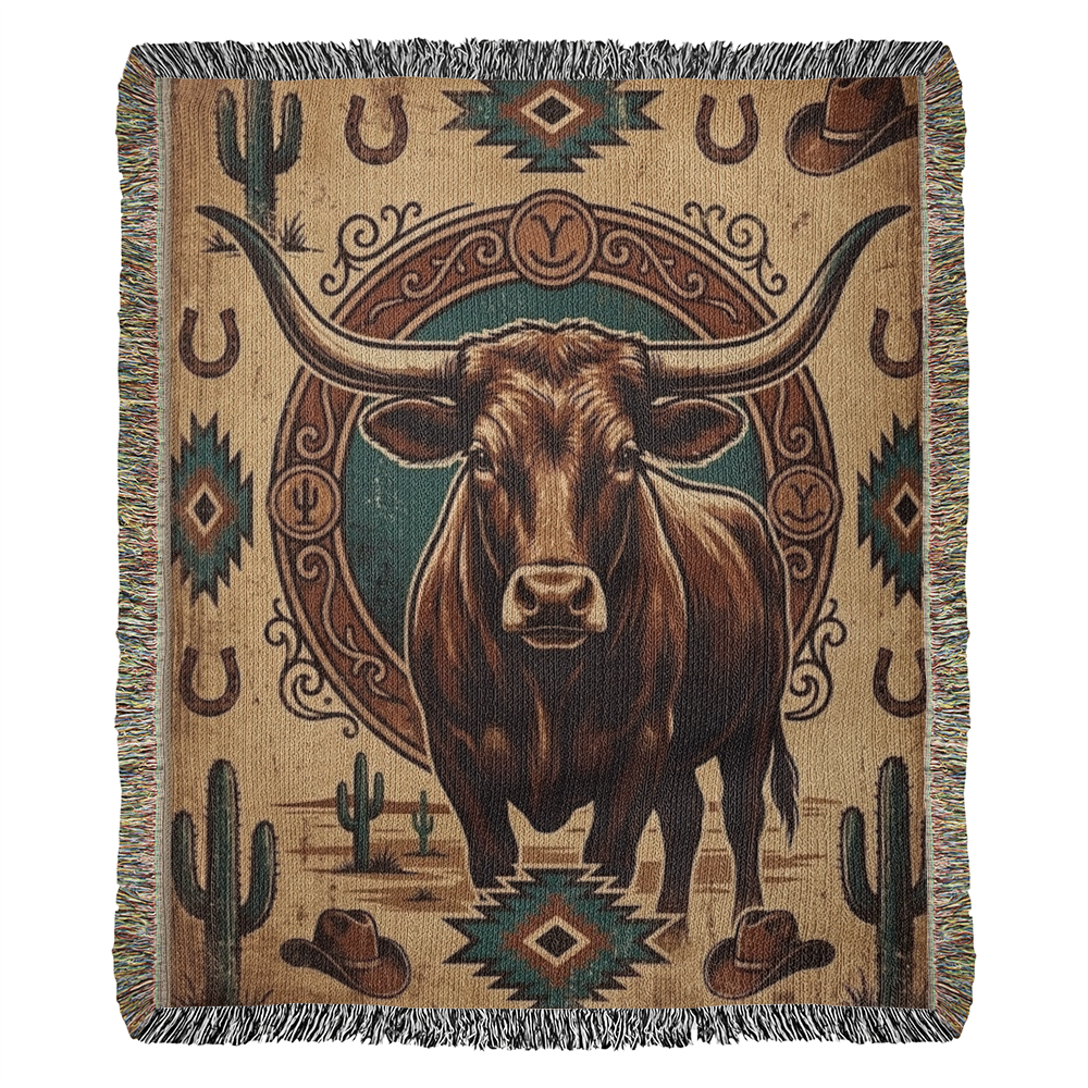 Longhorn Frontier Emblem – Woven Cotton Western Heritage Blanket Western Gifts