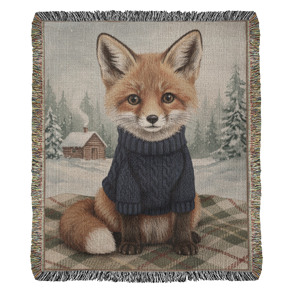 Fox Winter Cabin Woven Blanket – Vintage Inspired Woodland Art Throw, Rustic Lodge Decor, Cabin-Core Animal Illustration