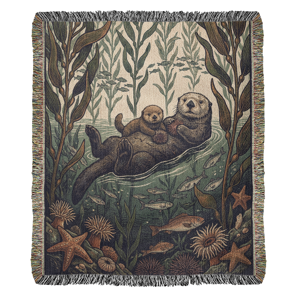 Sea Otter & Kelp Forest Woven Tapestry Throw | Vintage Style Cotton Blanket