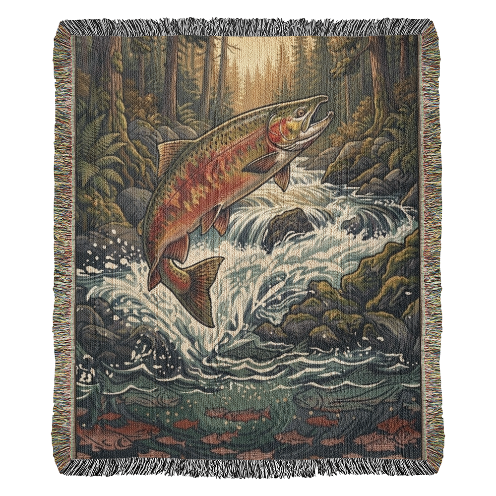 "The River King" – Woven Tapestry Throw & Wall Art | Leaping Rainbow Trout | Luxury Fly Fishing & Cabin Decor