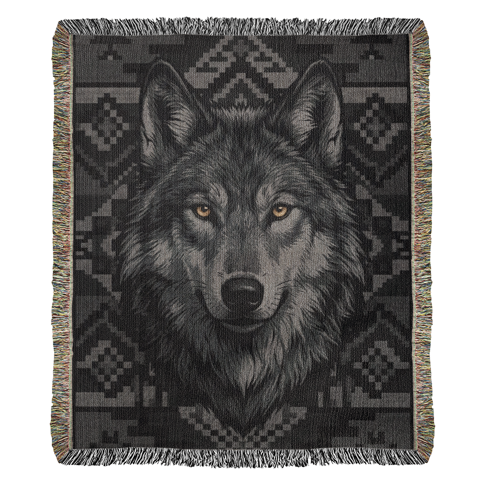 Black Wolf – Woven Cotton Blanket -Monochrome Lodge Edition Wildlife and Nature Gifts