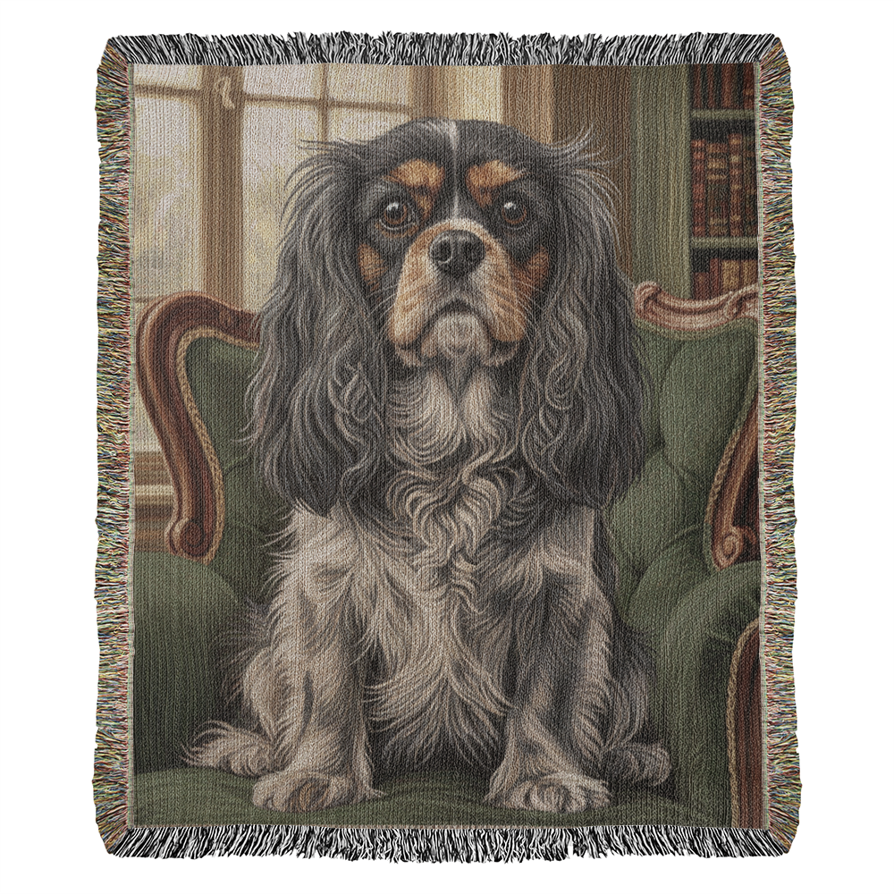 Cavalier in the Green Library Chair – Woven Cotton Heritage Blanket Pet Lovers Gift