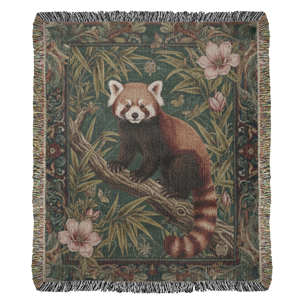 Red Panda in Bamboo Garden – Woven Cotton Woodland Throw  Blanket Tapestry
