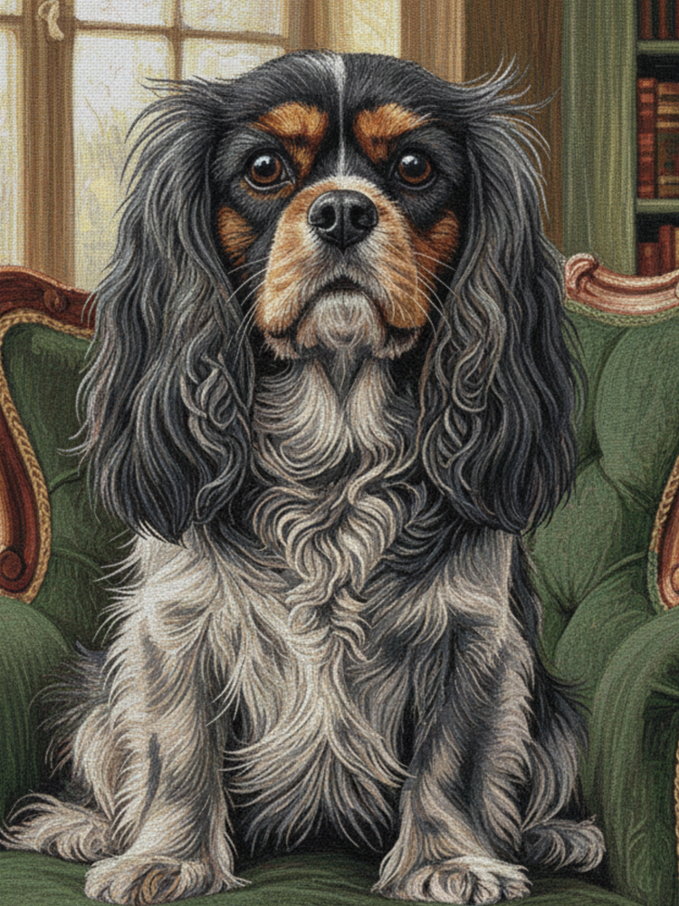 Cavalier in the Green Library Chair – Woven Cotton Heritage Blanket Pet Lovers Gift