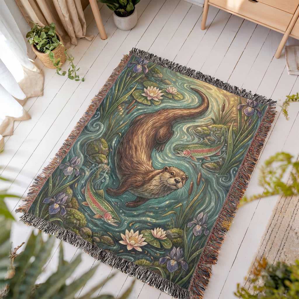 The Riverbank Guardian Woven Throw | Art Nouveau Otter & Trout Tapestry Blanket