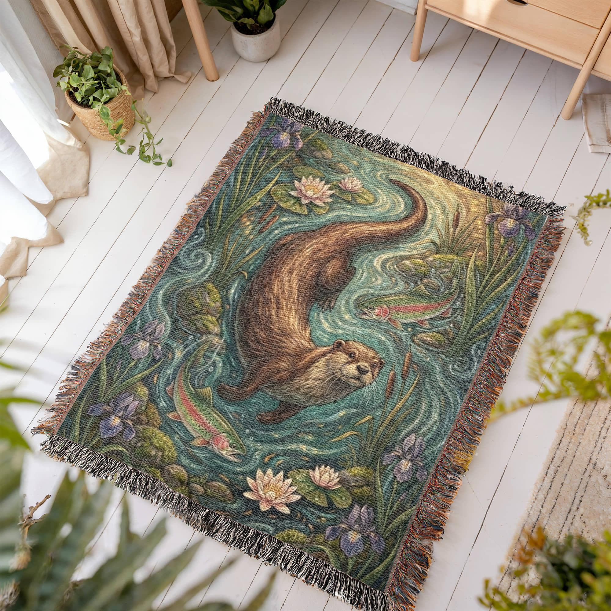 The Riverbank Guardian Woven Throw | Art Nouveau Otter & Trout Tapestry Blanket