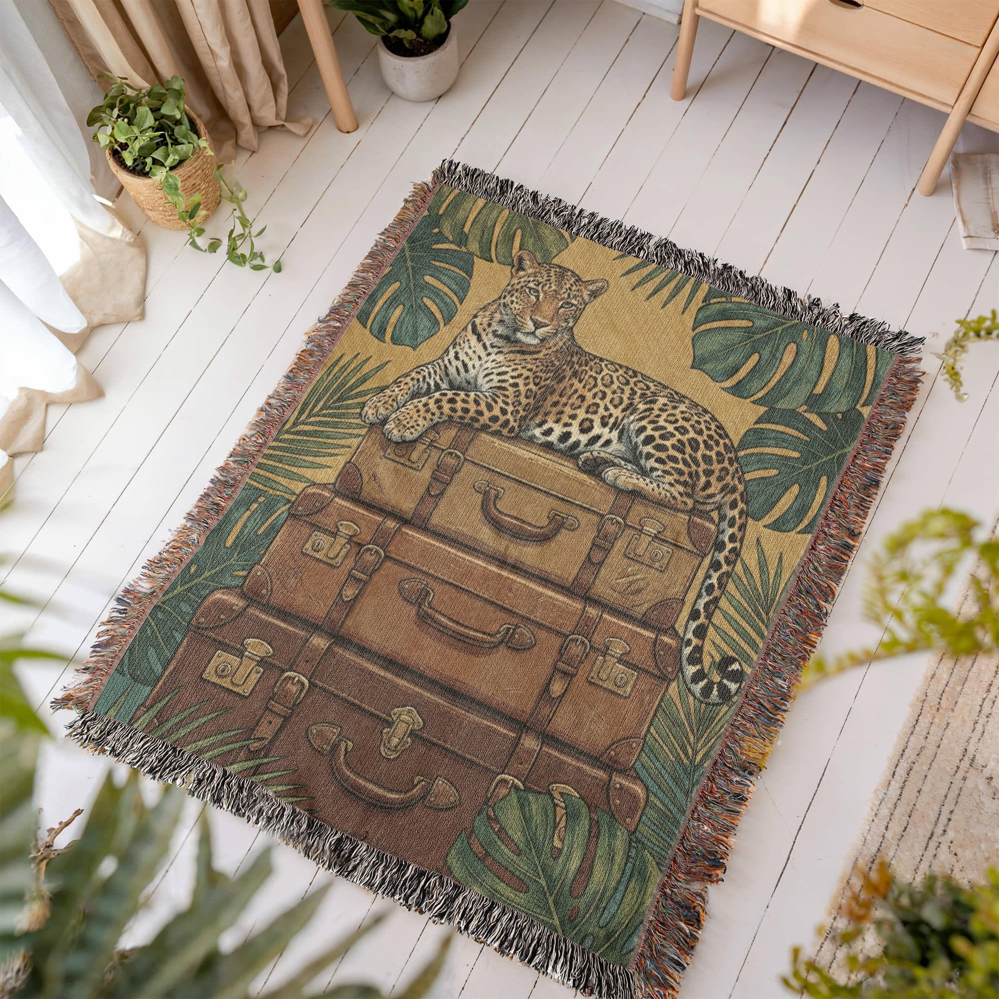 The Safari Stopover – Woven Tapestry Throw & Wall Art | Majestic Jaguar on Vintage Leather Trunks | Luxury Maximalist Jungle Decor