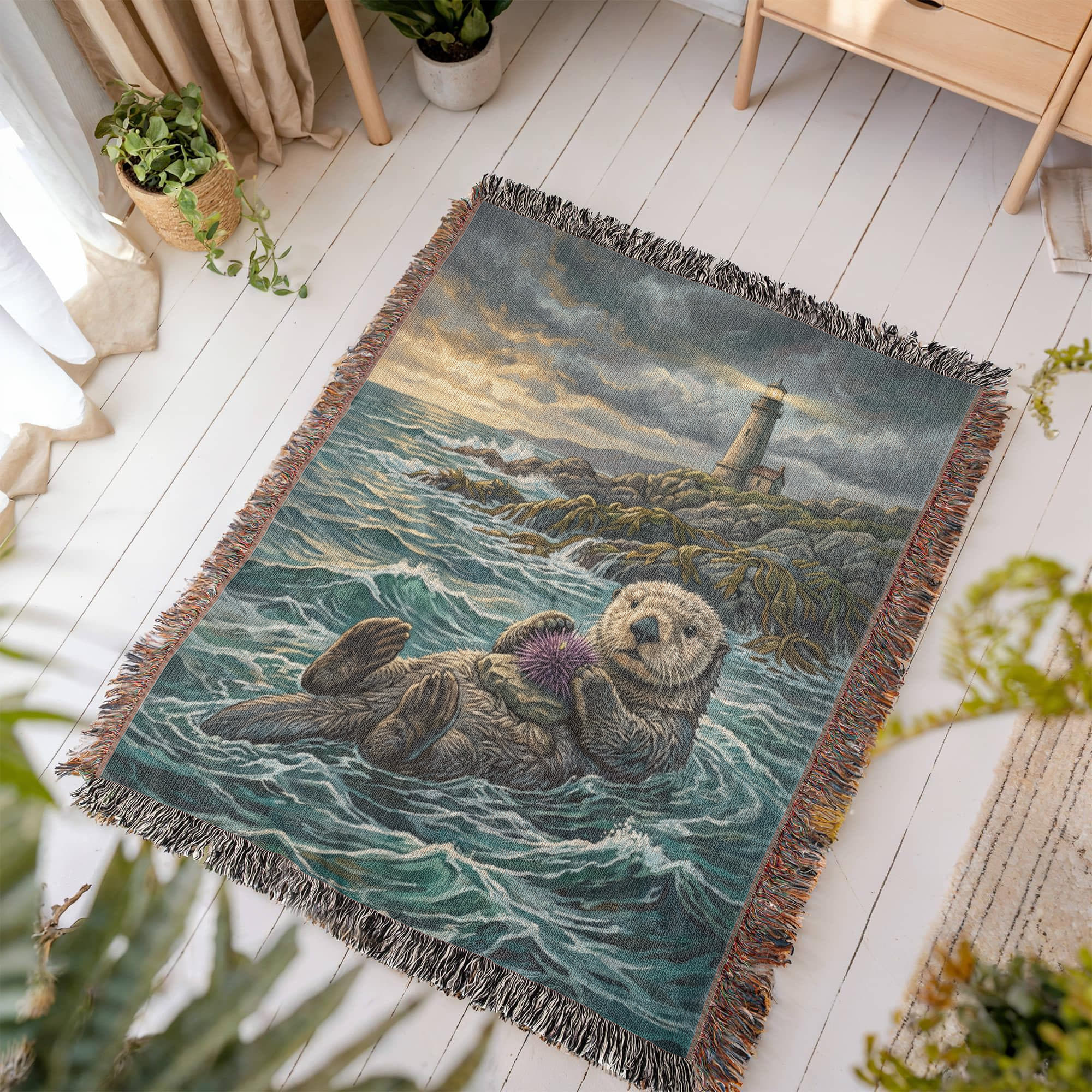 Floating Sea Otter & Lighthouse – Coastal Woven Cotton Blanket Wildlife and Nature Gifts