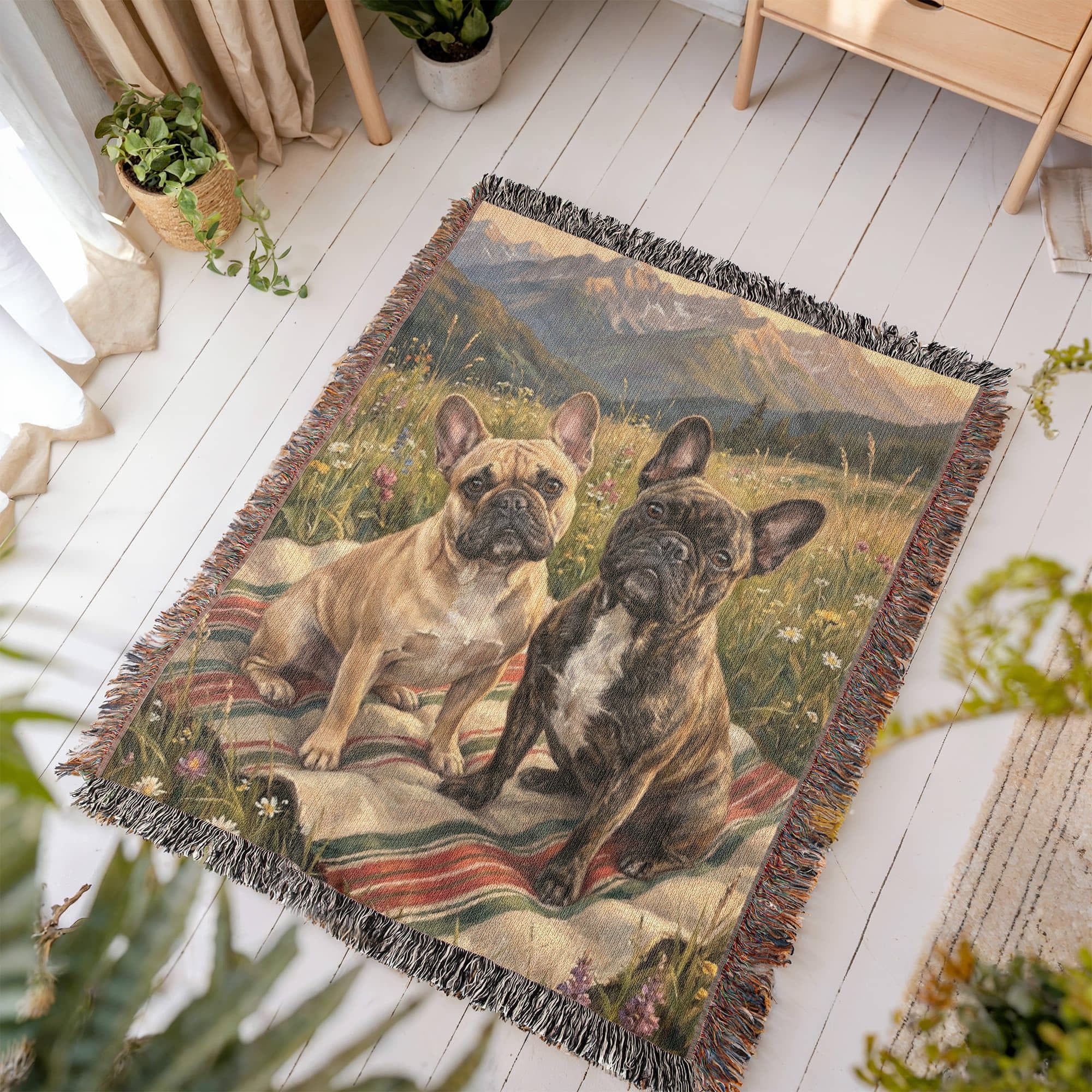 French Bulldogs in Alpine Meadow – Woven Cotton Blanket Pet Lover Gifts