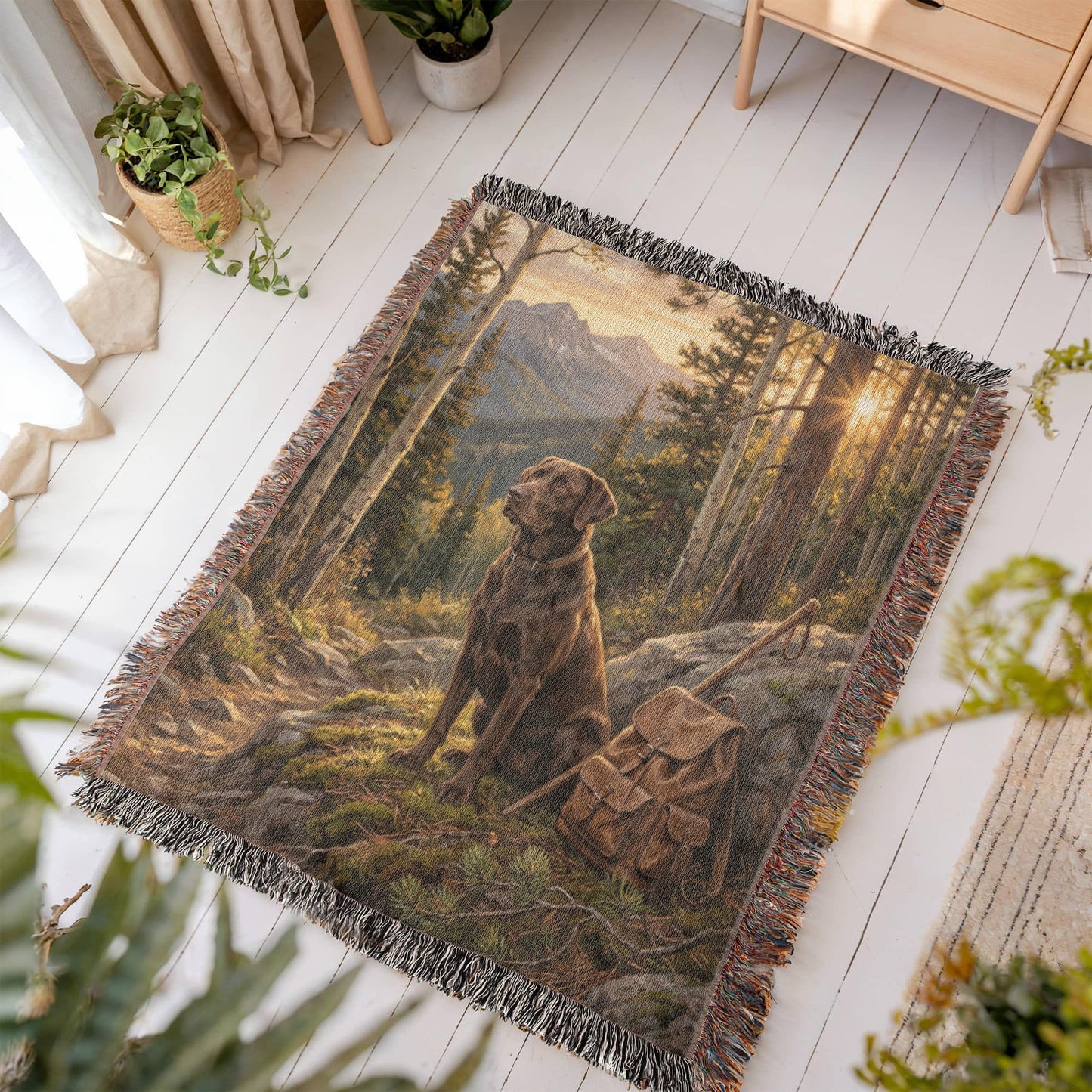 Chocolate Lab on Mountain Trail – Labrador Retriever Woven Cotton Adventure Blanket Pet Lovers Gift