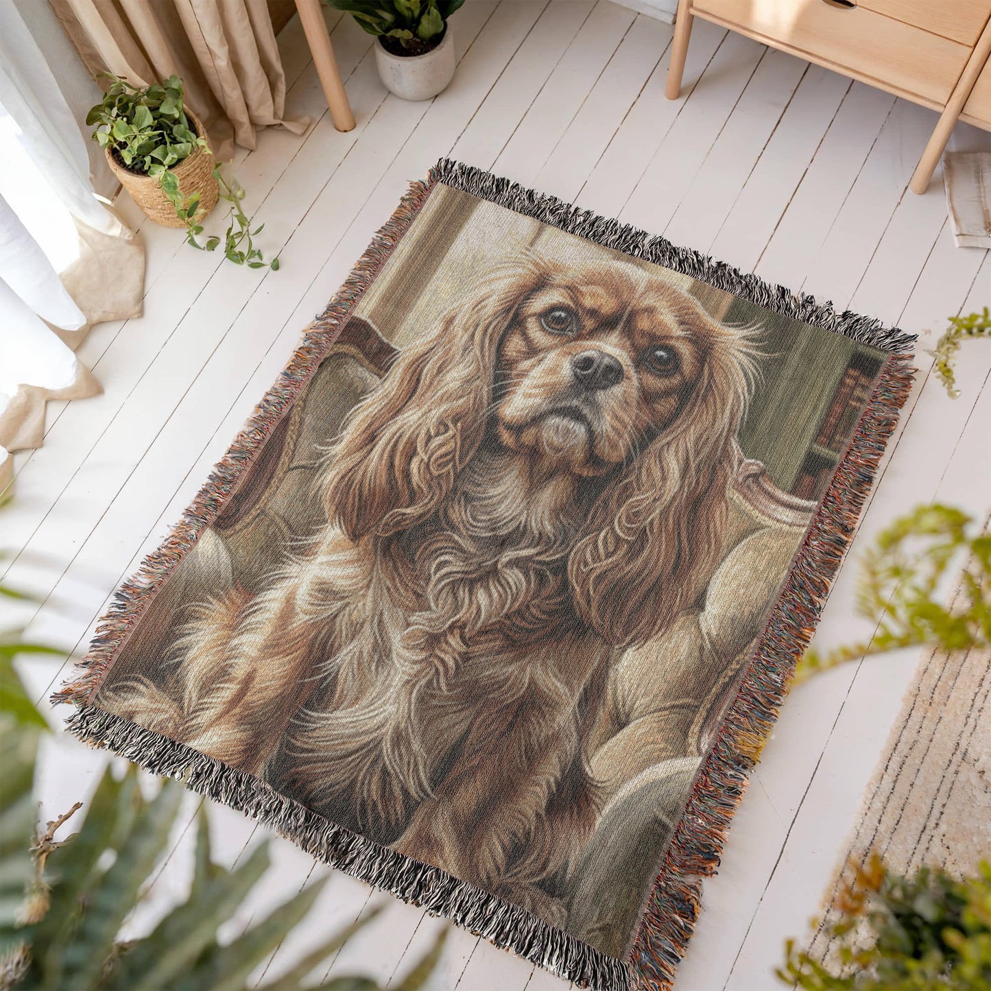 Cavalier in the Old Library – Woven Cotton Heritage Blanket Pet Lover Gifts