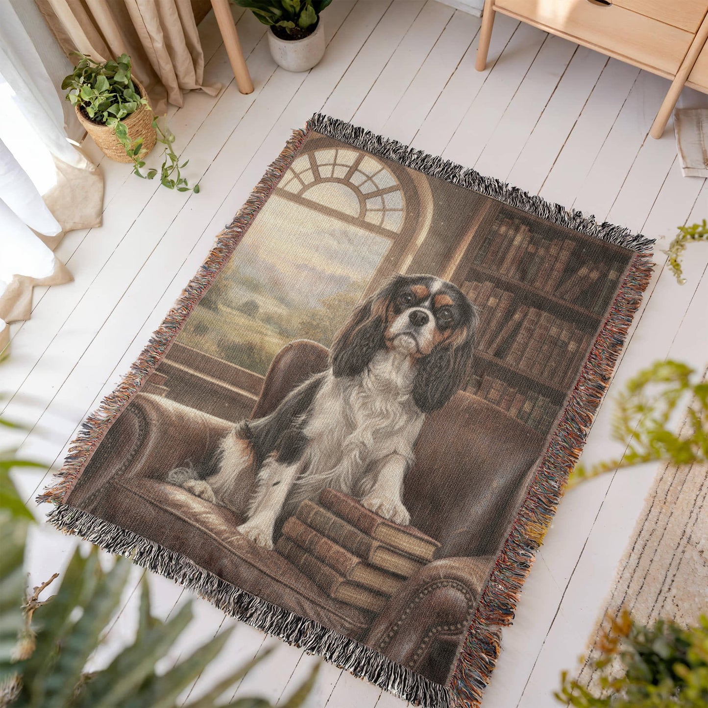 Cavalier in the Green Library Chair – Woven Cotton Heritage Blanket Pet Lovers Gift