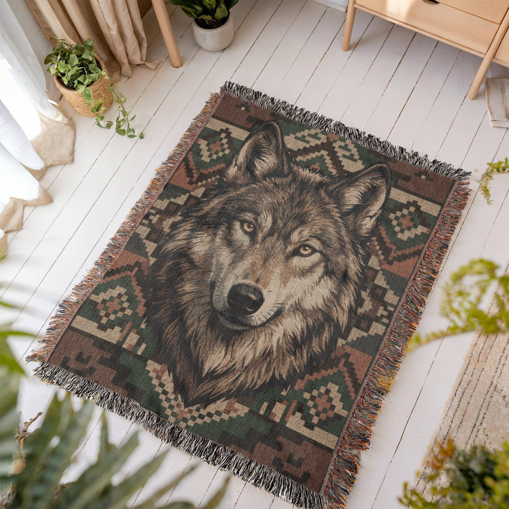Wolf Woven Cotton Blanket – Wildlife Lodge Throw Nature Lover Gifts