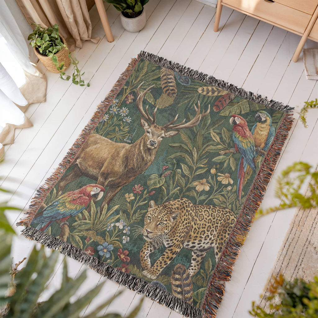 Woven Tapestry Throw Blanket – "The Global Wild" – Luxury Jacquard Wildlife Design (Stag, Jaguar, Macaw) – Cotton Fringe Sofa Throw, Bedspread & Wall Art
