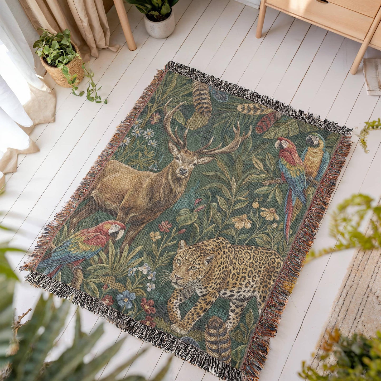Woven Tapestry Throw Blanket – "The Global Wild" – Luxury Jacquard Wildlife Design (Stag, Jaguar, Macaw) – Cotton Fringe Sofa Throw, Bedspread & Wall Art