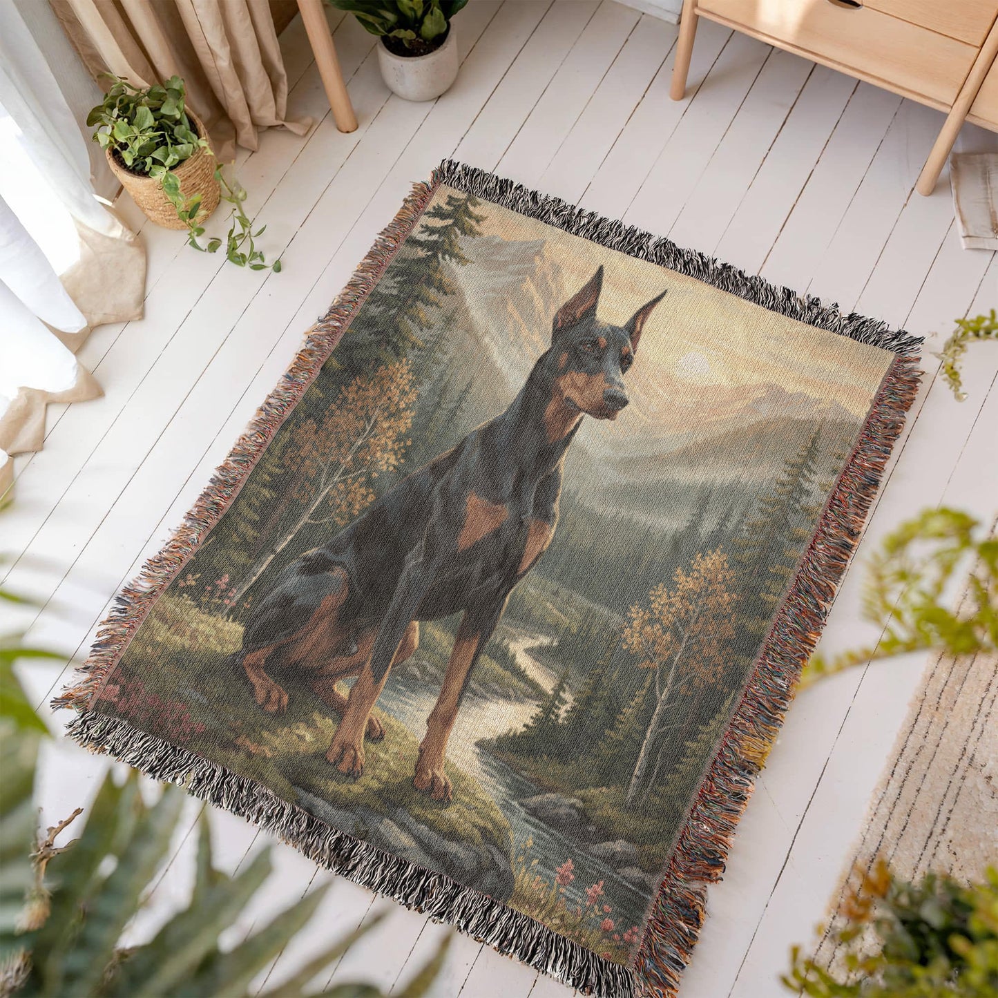 Doberman in the Mountain Valley – Woven Cotton Protector's Blanket Pet Lover Gifts