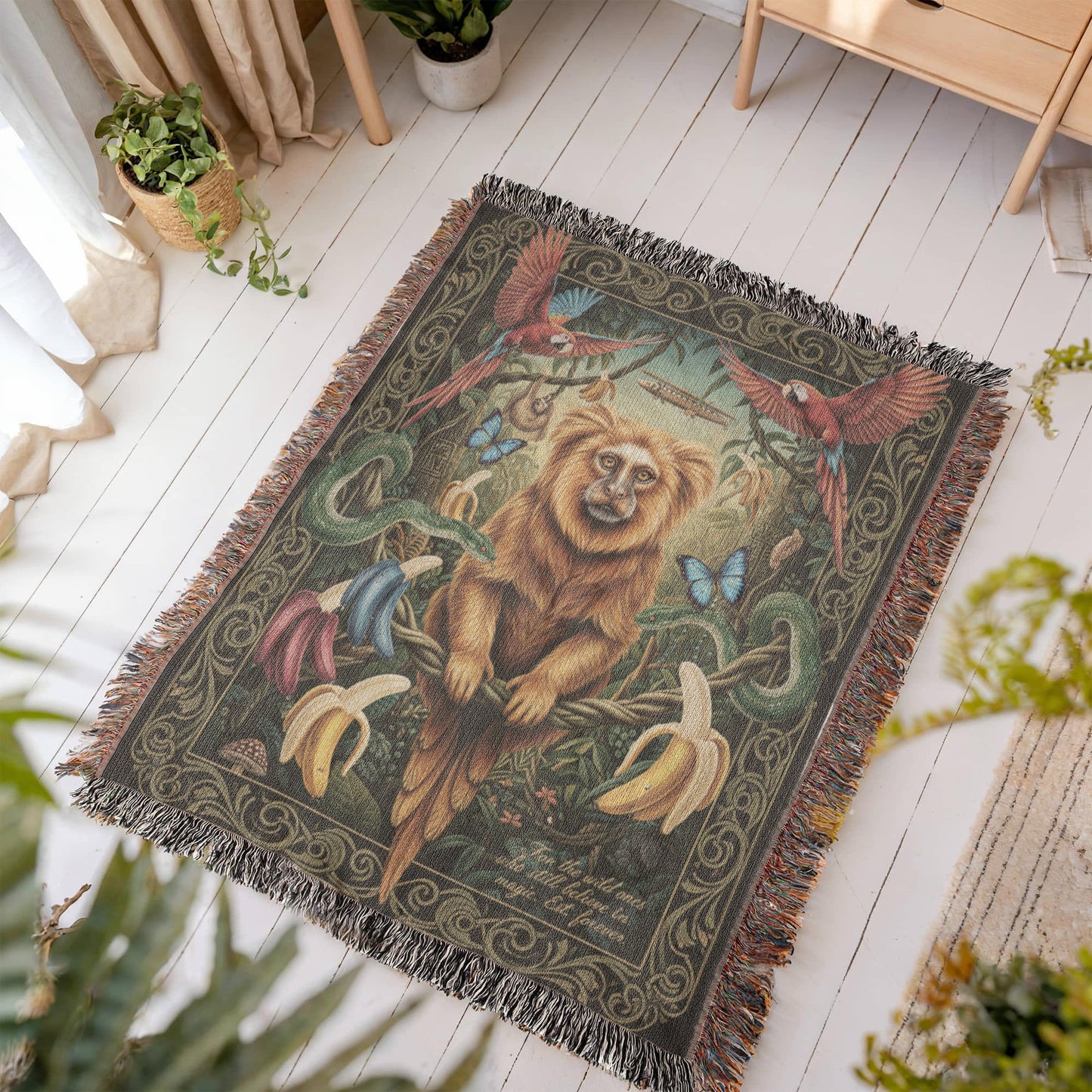 Golden Lion Tamarin | Heirloom Woven Cotton Blanket Wildlife, Nature Monkey Gifts