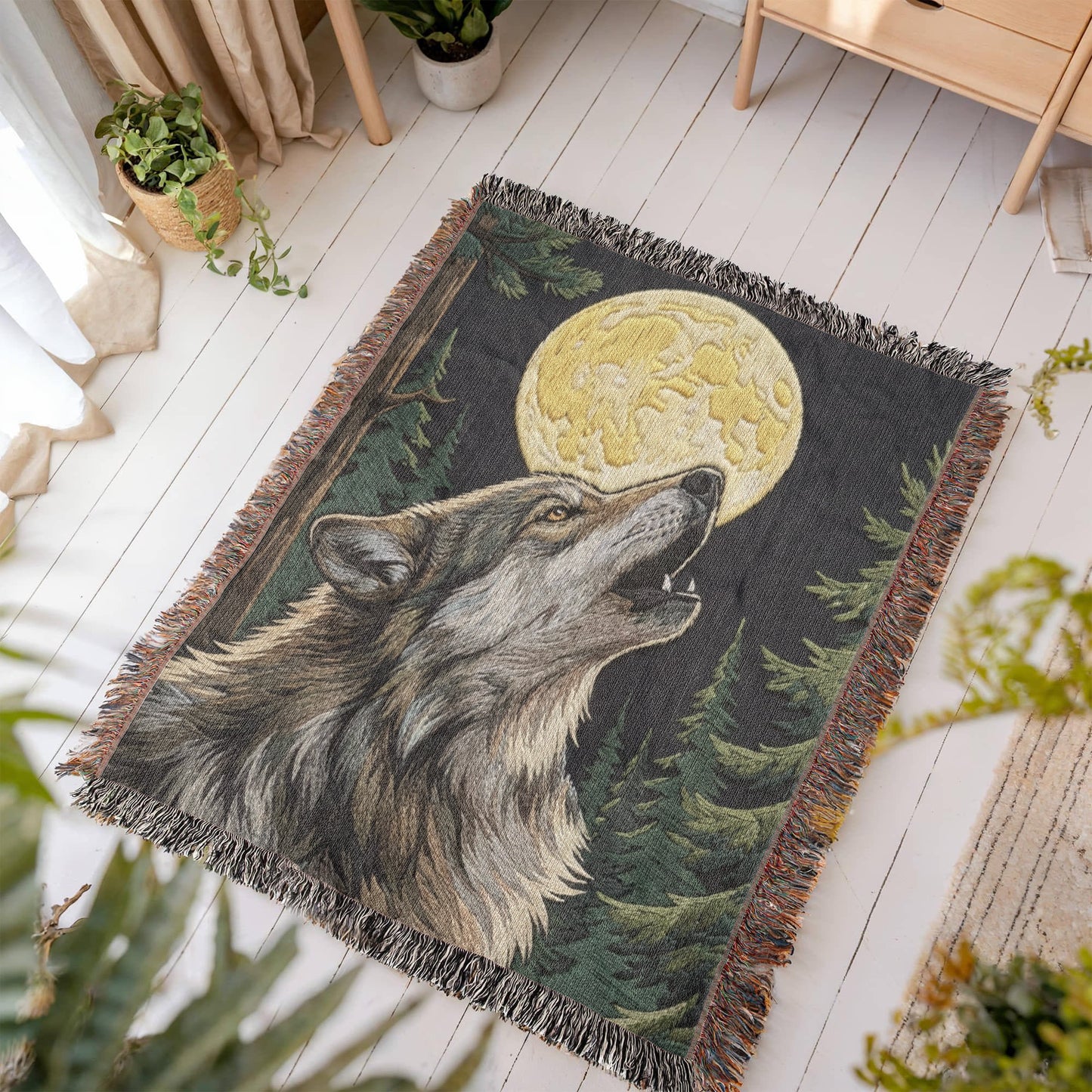 Howling Wolf Under Full Moon – Woven Cotton Blanket Wildlife and Nature Gifts