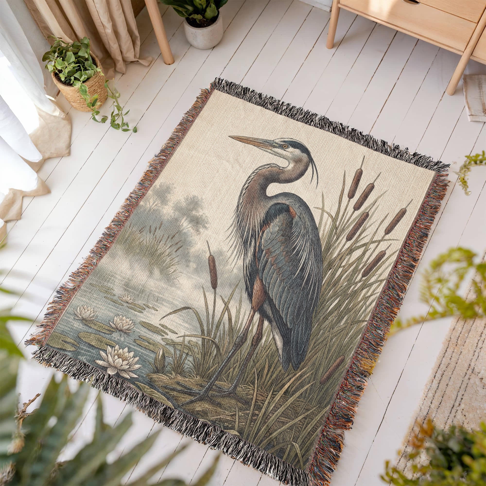 The Great Blue Heron Woven Tapestry | Custom Lake & State Edition