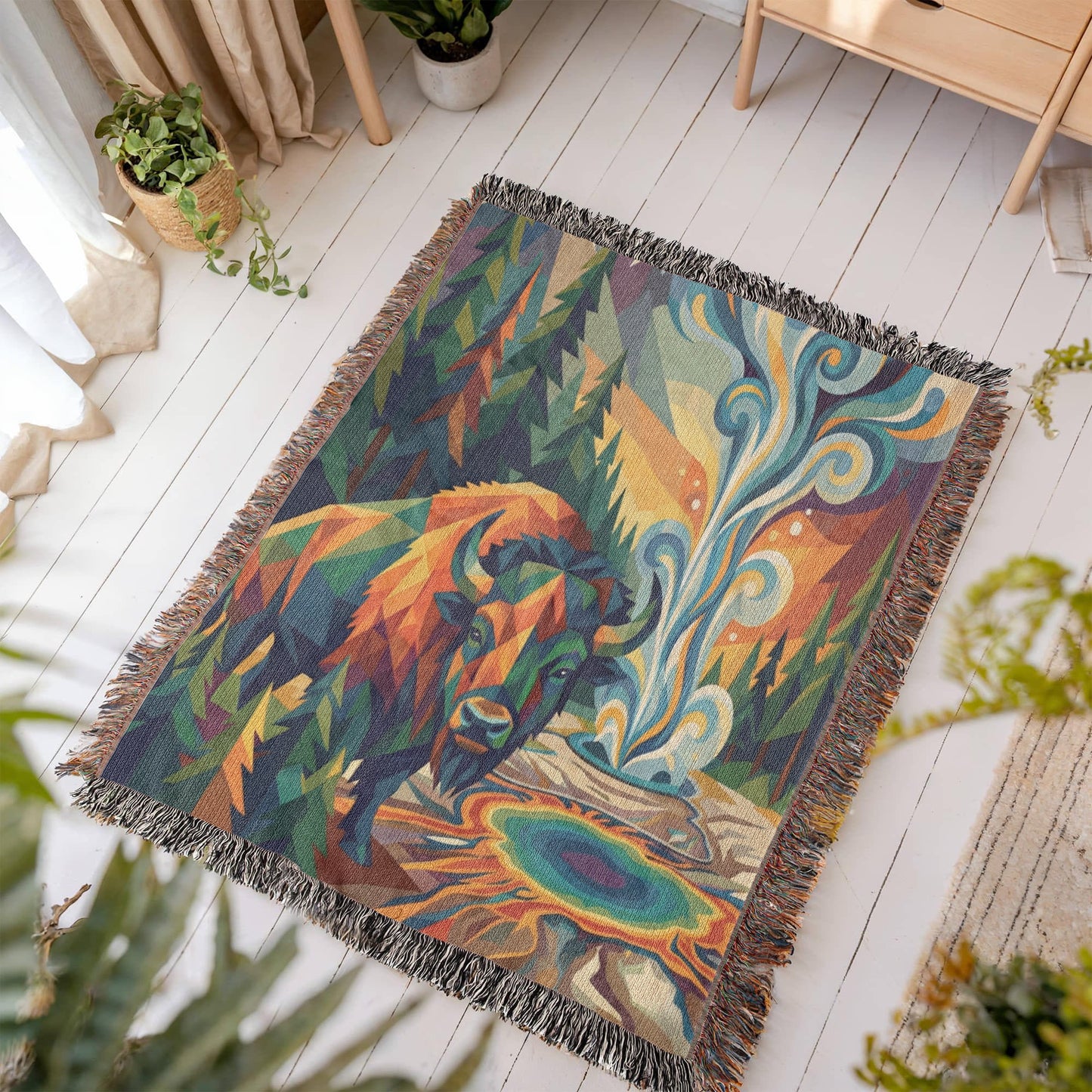 Yellowstone Bison – Geometric Woven Cotton Blanket Wildlife and Nature Gift