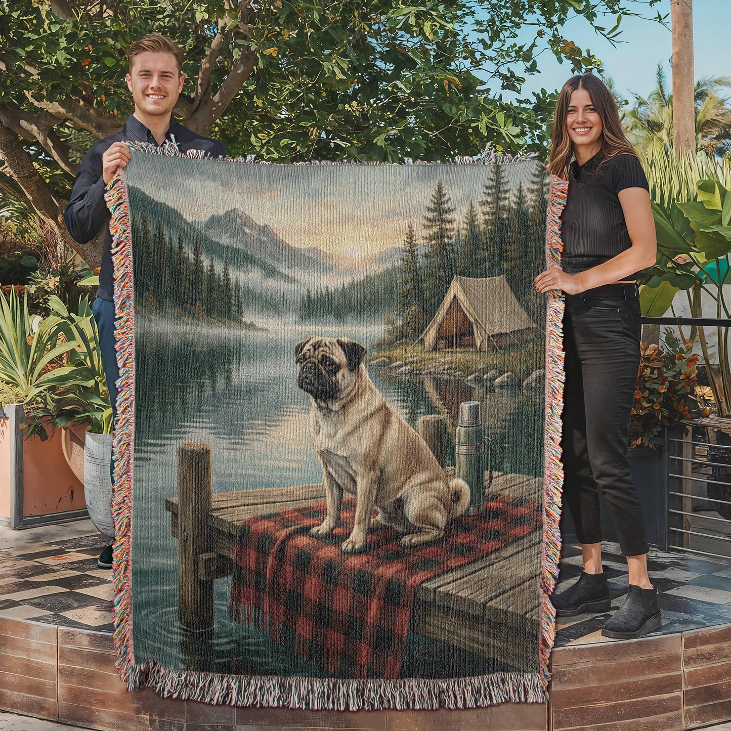 Cabin Lake Pug Woven Cotton Blanket – Vintage Campfire Dog Tapestry Throw Gift