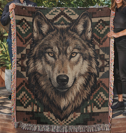 Wolf Woven Cotton Blanket – Wildlife Lodge Throw Nature Lover Gifts