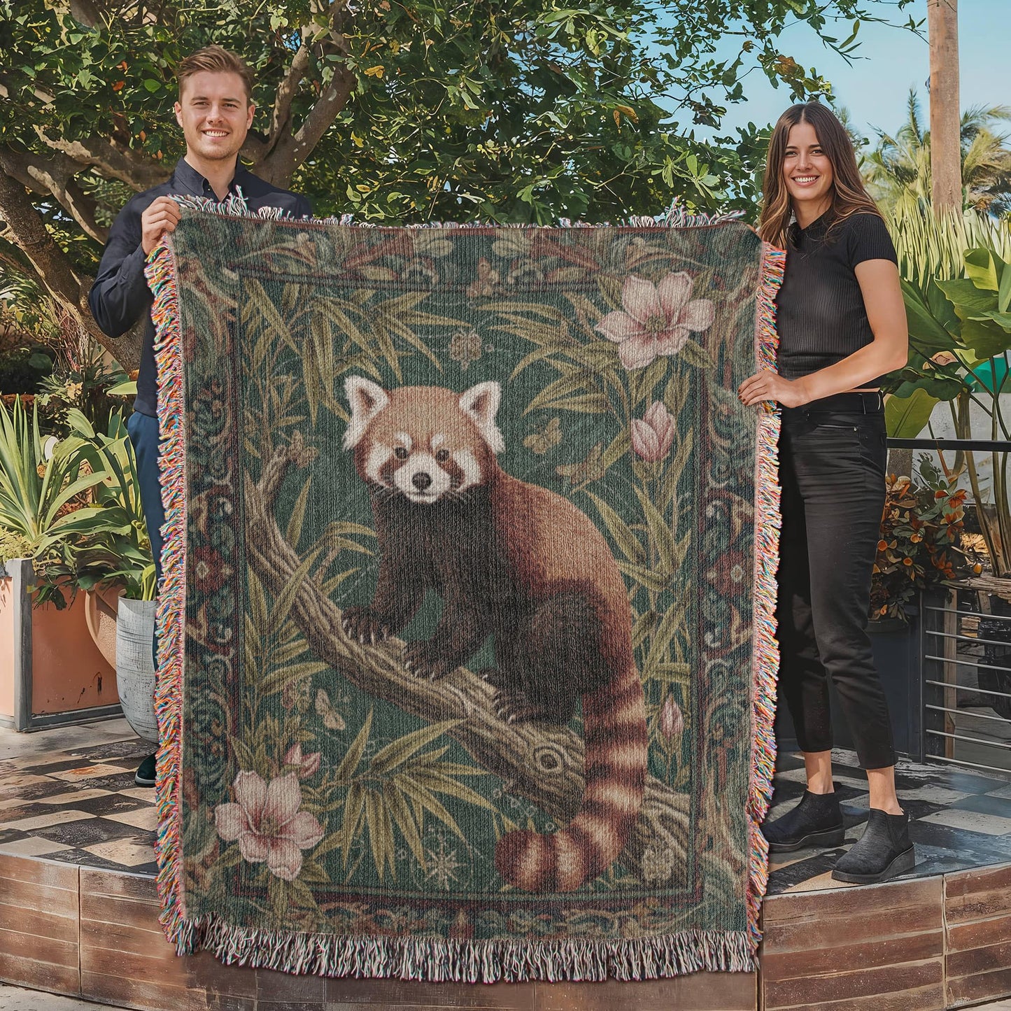 Red Panda in Bamboo Garden – Woven Cotton Woodland Throw  Blanket Tapestry