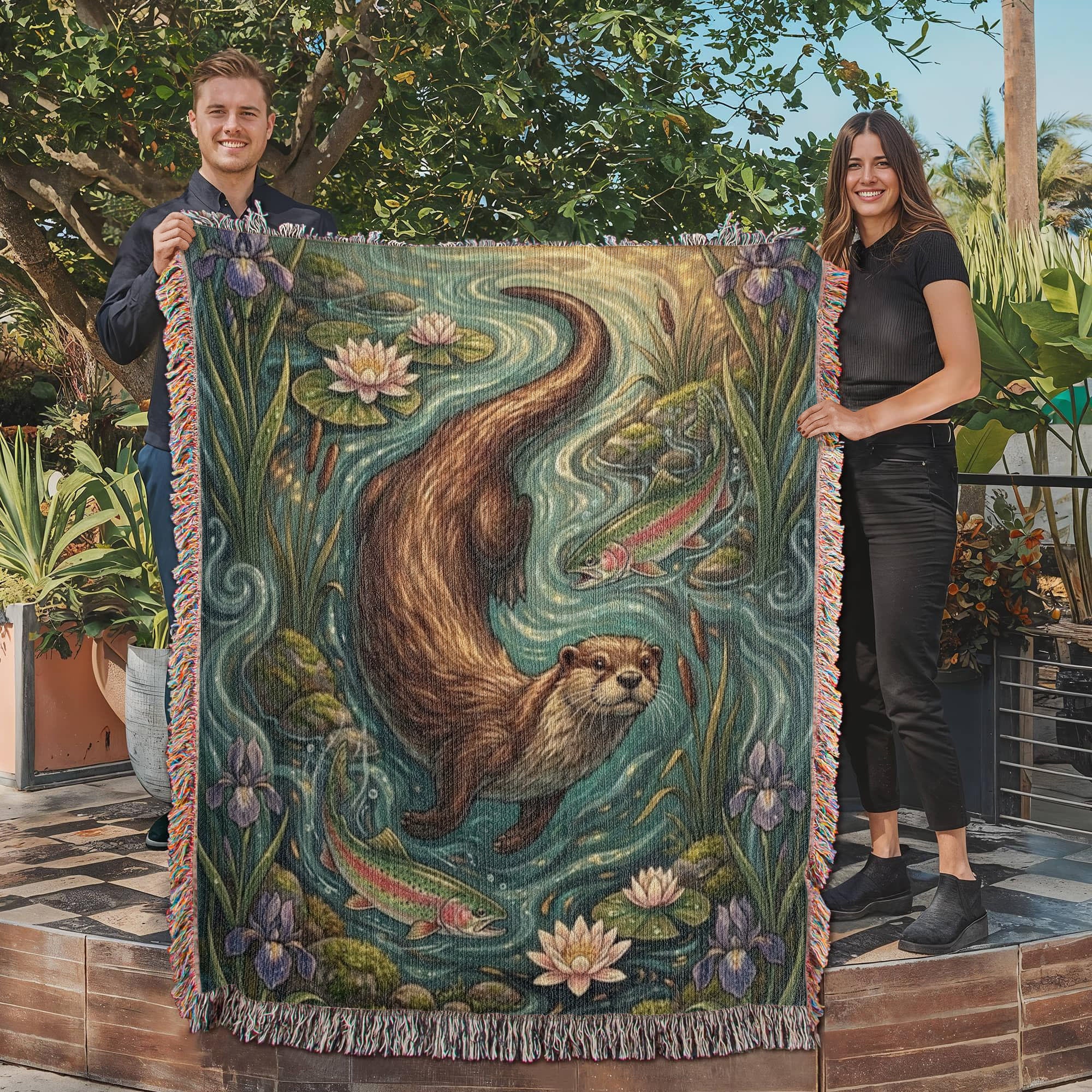The Riverbank Guardian Woven Throw | Art Nouveau Otter & Trout Tapestry Blanket