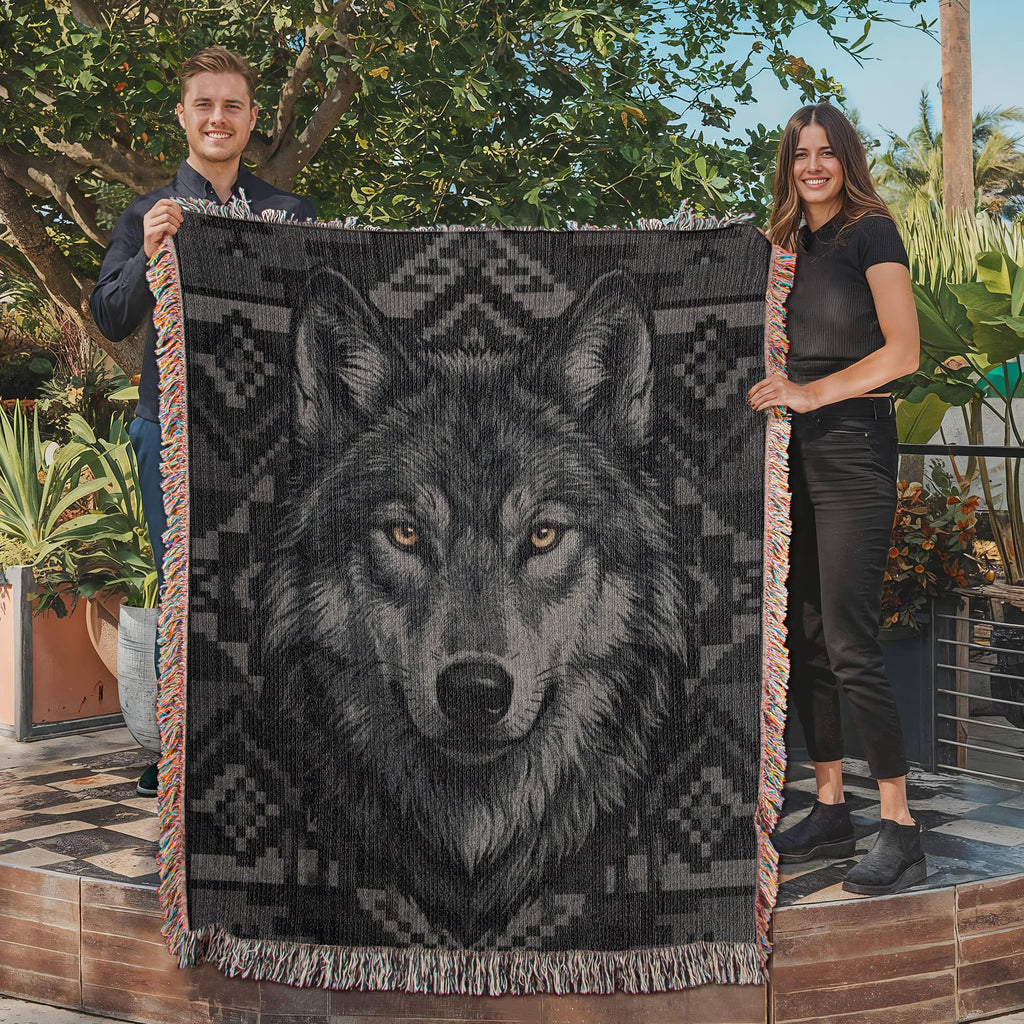 Black Wolf – Woven Cotton Blanket -Monochrome Lodge Edition Wildlife and Nature Gifts