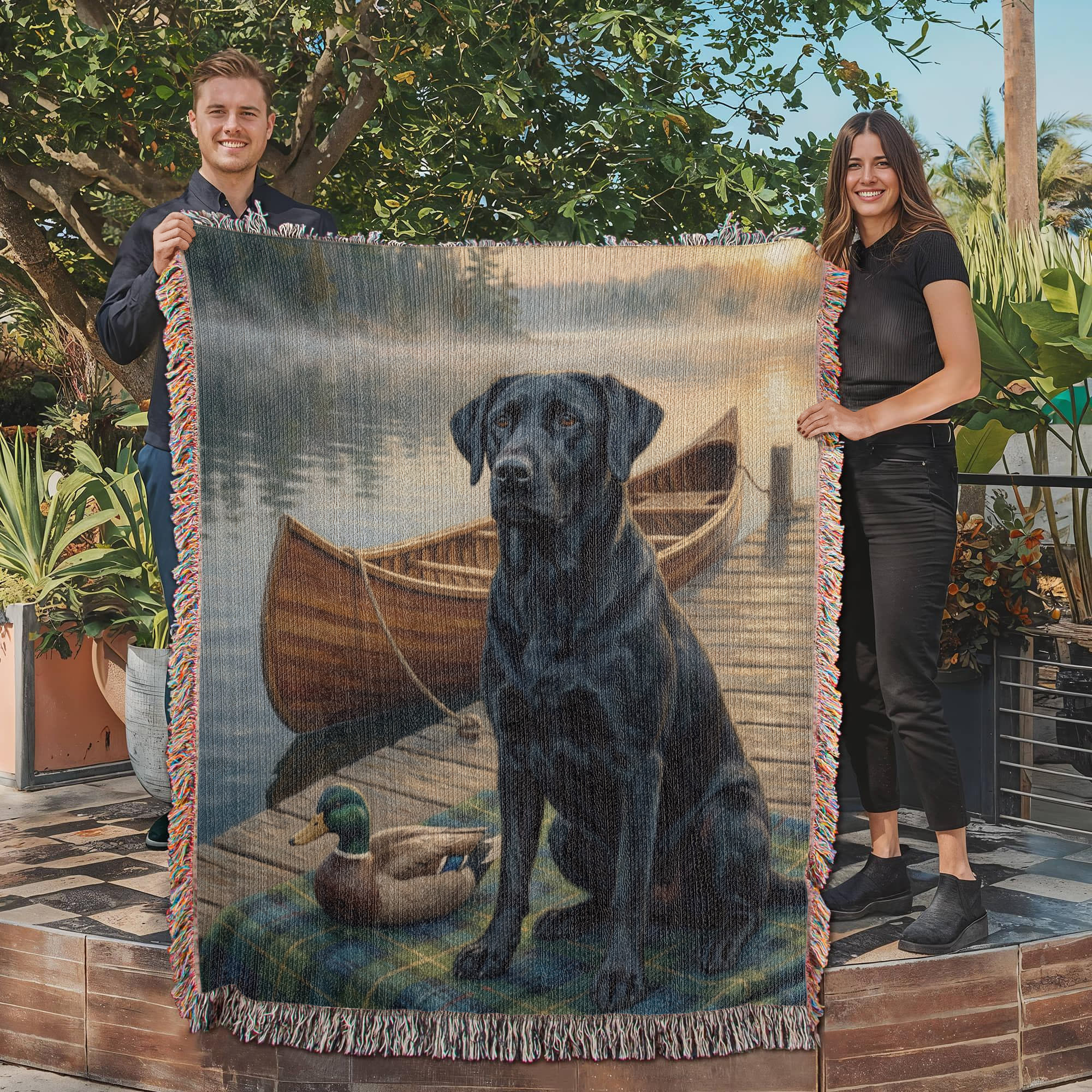 Black Lab by the Dock –  Labrador Retrievers Woven Cotton Heritage Blanket Pet Lovers Gift